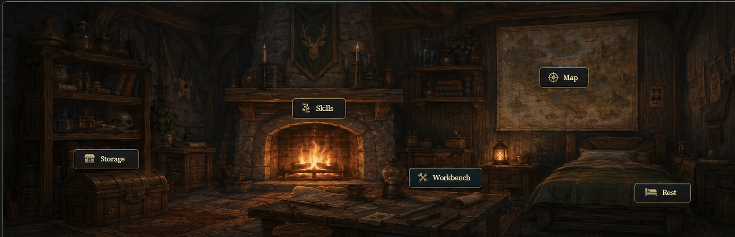 A warm underground Den with storage shelves, a central fireplace, a world map, workbench, and resting area.
